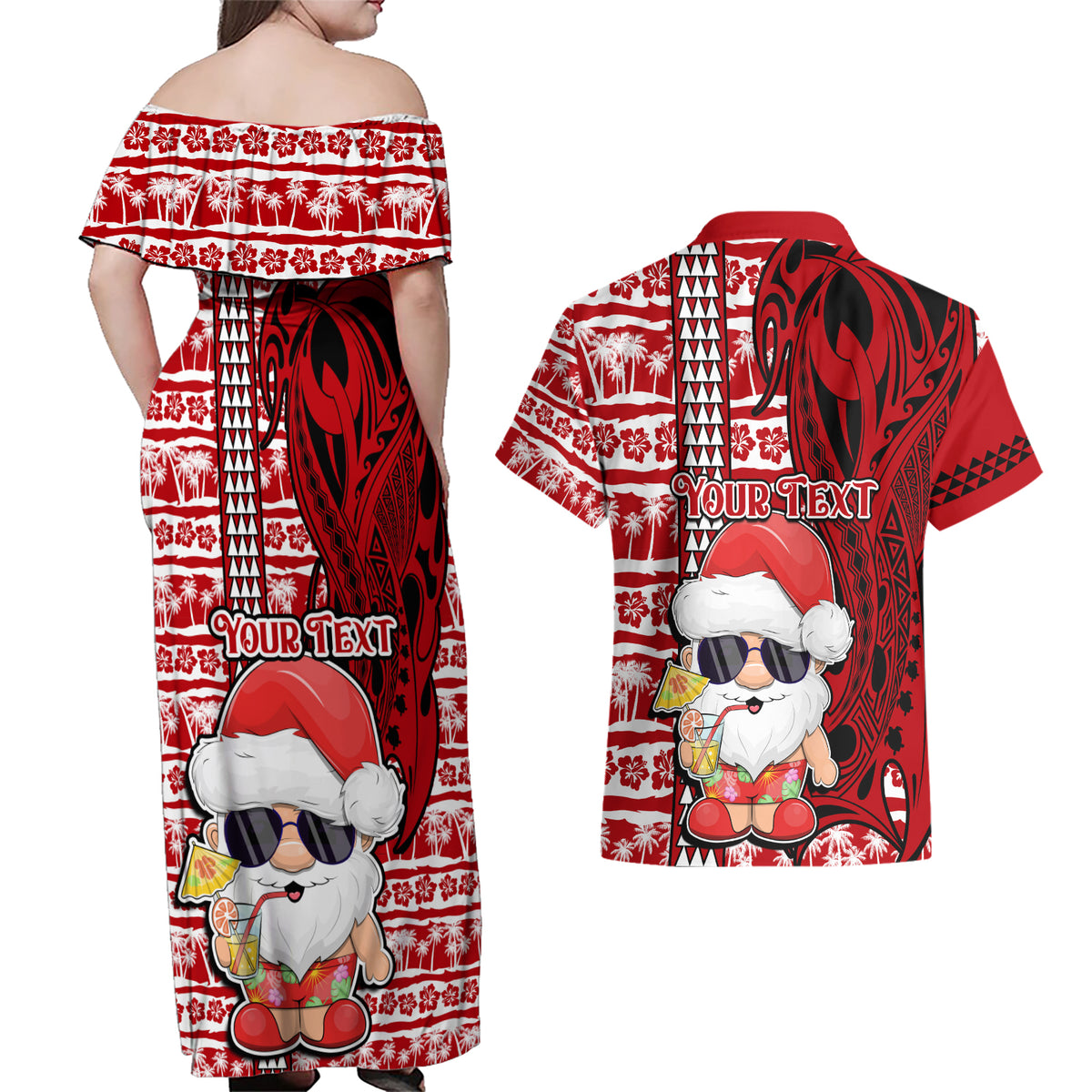 Custom Mele Kalikimaka Hawaii Christmas Couples Matching Off Shoulder Maxi Dress and Hawaiian Shirt Santa Claus Kakau Tribal Mix Polynesia Tattoo LT03 - Polynesian Pride