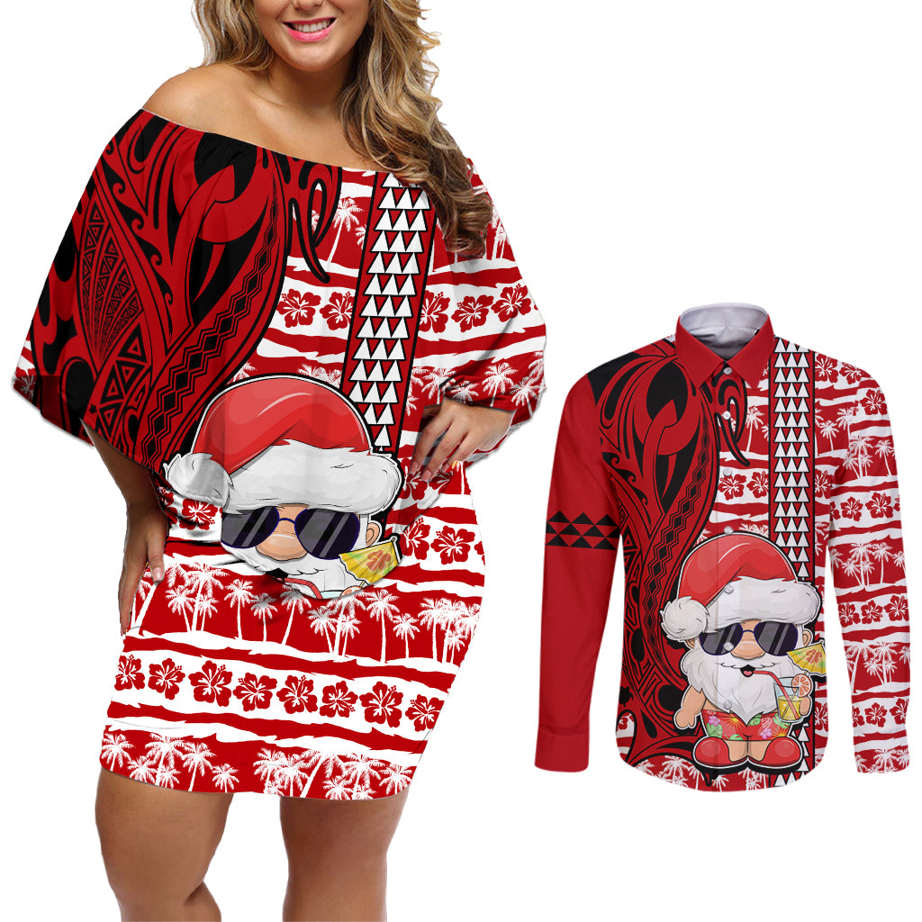 Custom Mele Kalikimaka Hawaii Christmas Couples Matching Off Shoulder Short Dress and Long Sleeve Button Shirt Santa Claus Kakau Tribal Mix Polynesia Tattoo LT03 Red - Polynesian Pride