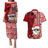 Custom Mele Kalikimaka Hawaii Christmas Couples Matching Puletasi Dress and Hawaiian Shirt Santa Claus Kakau Tribal Mix Polynesia Tattoo LT03 Red - Polynesian Pride