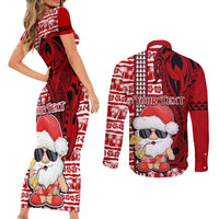 Custom Mele Kalikimaka Hawaii Christmas Couples Matching Short Sleeve Bodycon Dress and Long Sleeve Button Shirt Santa Claus Kakau Tribal Mix Polynesia Tattoo LT03 - Polynesian Pride