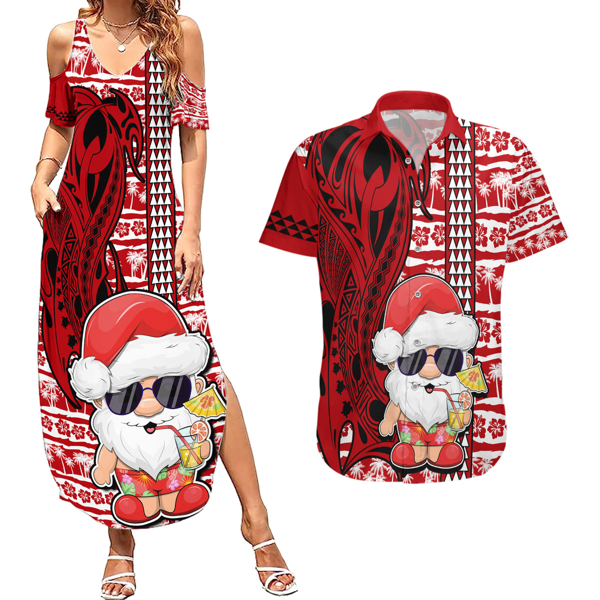 Custom Mele Kalikimaka Hawaii Christmas Couples Matching Summer Maxi Dress and Hawaiian Shirt Santa Claus Kakau Tribal Mix Polynesia Tattoo LT03 Red - Polynesian Pride