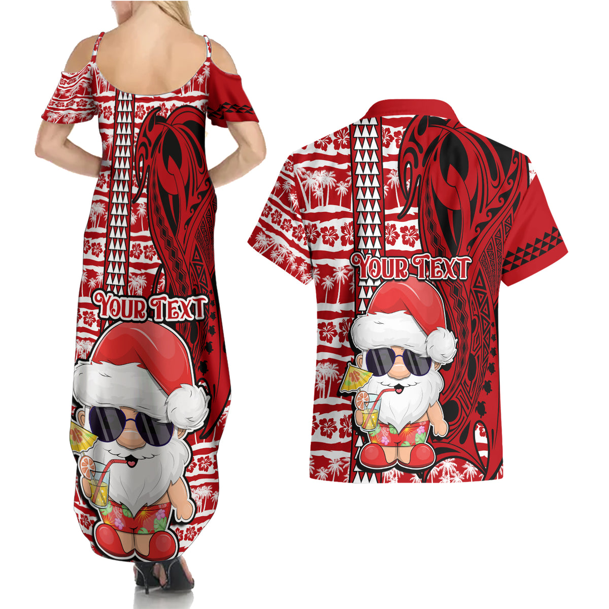 Custom Mele Kalikimaka Hawaii Christmas Couples Matching Summer Maxi Dress and Hawaiian Shirt Santa Claus Kakau Tribal Mix Polynesia Tattoo LT03 - Polynesian Pride