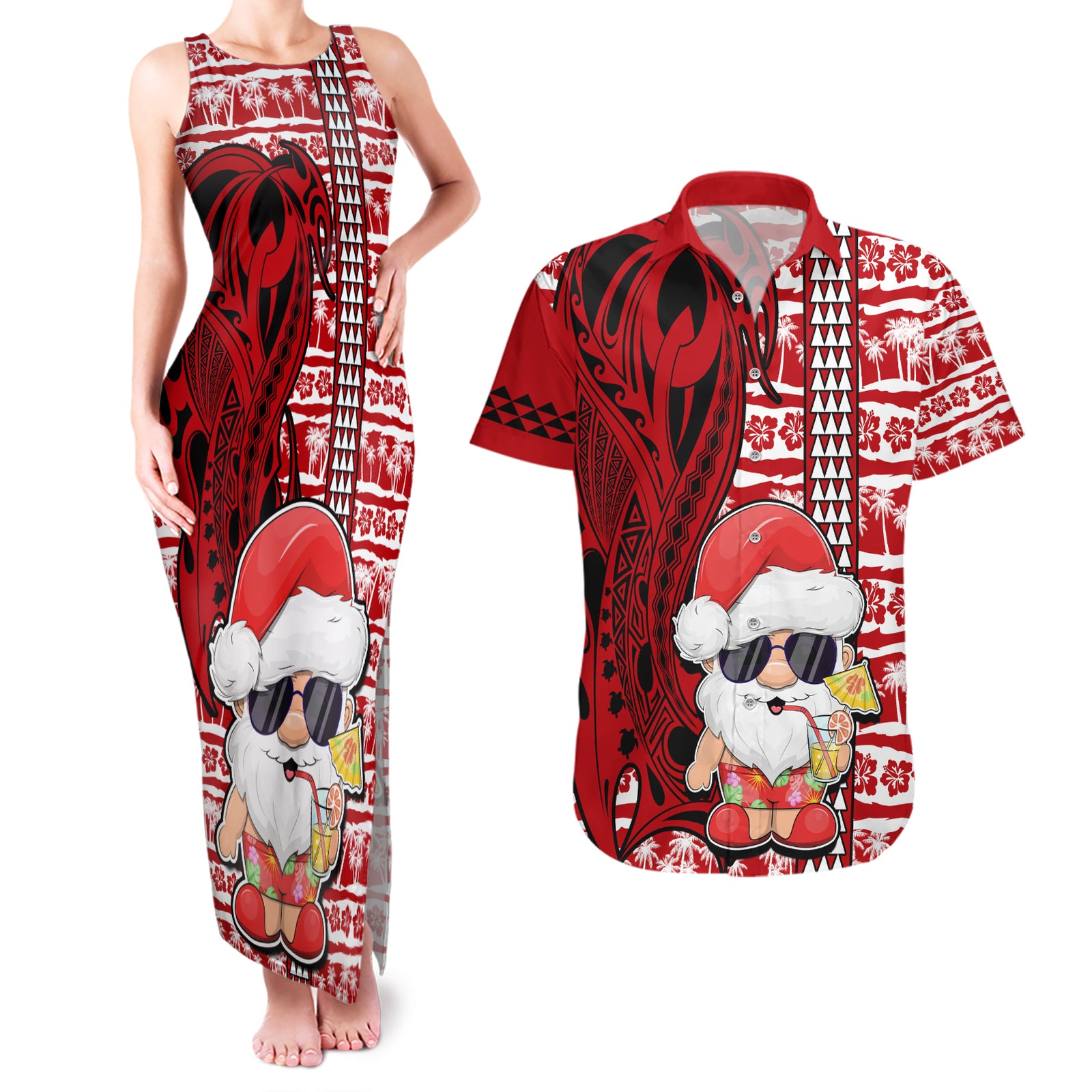 Custom Mele Kalikimaka Hawaii Christmas Couples Matching Tank Maxi Dress and Hawaiian Shirt Santa Claus Kakau Tribal Mix Polynesia Tattoo LT03 Red - Polynesian Pride