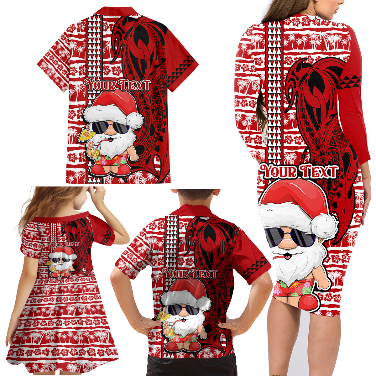 Custom Mele Kalikimaka Hawaii Christmas Family Matching Long Sleeve Bodycon Dress and Hawaiian Shirt Santa Claus Kakau Tribal Mix Polynesia Tattoo LT03 - Polynesian Pride