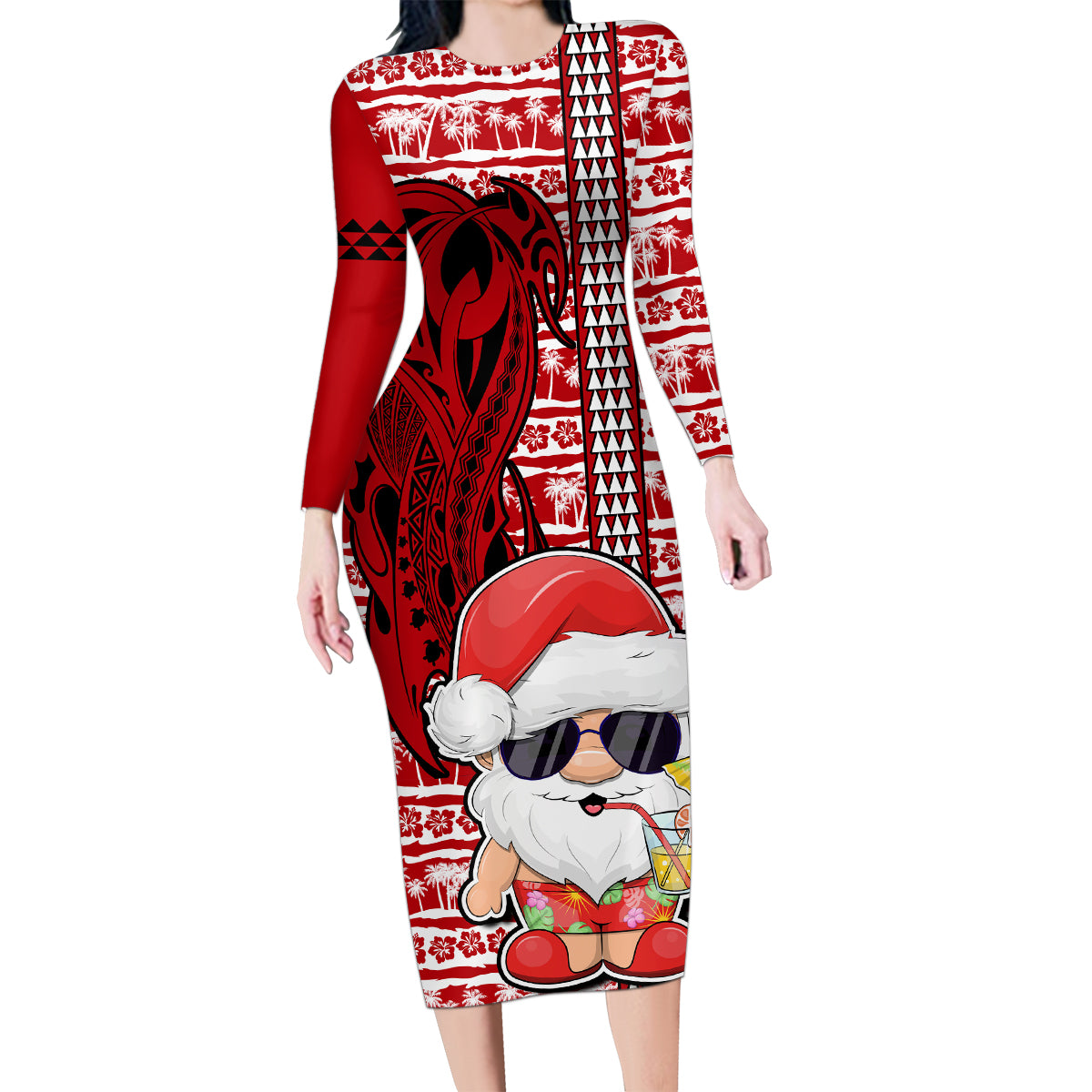 Custom Mele Kalikimaka Hawaii Christmas Family Matching Long Sleeve Bodycon Dress and Hawaiian Shirt Santa Claus Kakau Tribal Mix Polynesia Tattoo LT03 Mom's Dress Red - Polynesian Pride