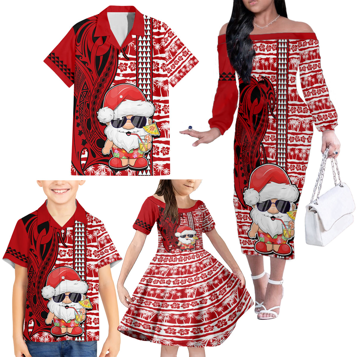 Custom Mele Kalikimaka Hawaii Christmas Family Matching Off Shoulder Long Sleeve Dress and Hawaiian Shirt Santa Claus Kakau Tribal Mix Polynesia Tattoo LT03 - Polynesian Pride