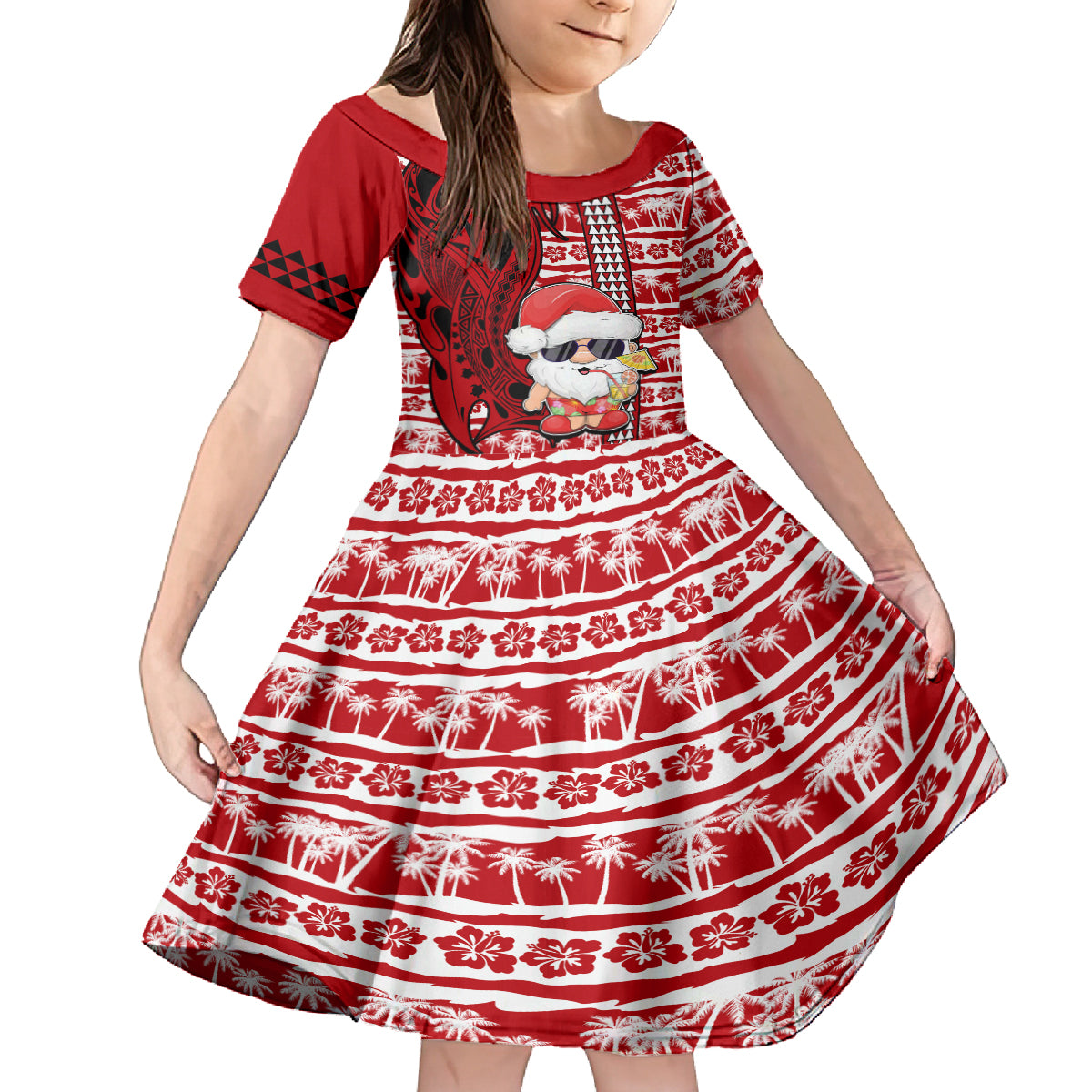 Custom Mele Kalikimaka Hawaii Christmas Family Matching Off Shoulder Short Dress and Hawaiian Shirt Santa Claus Kakau Tribal Mix Polynesia Tattoo LT03 Daughter's Dress Red - Polynesian Pride