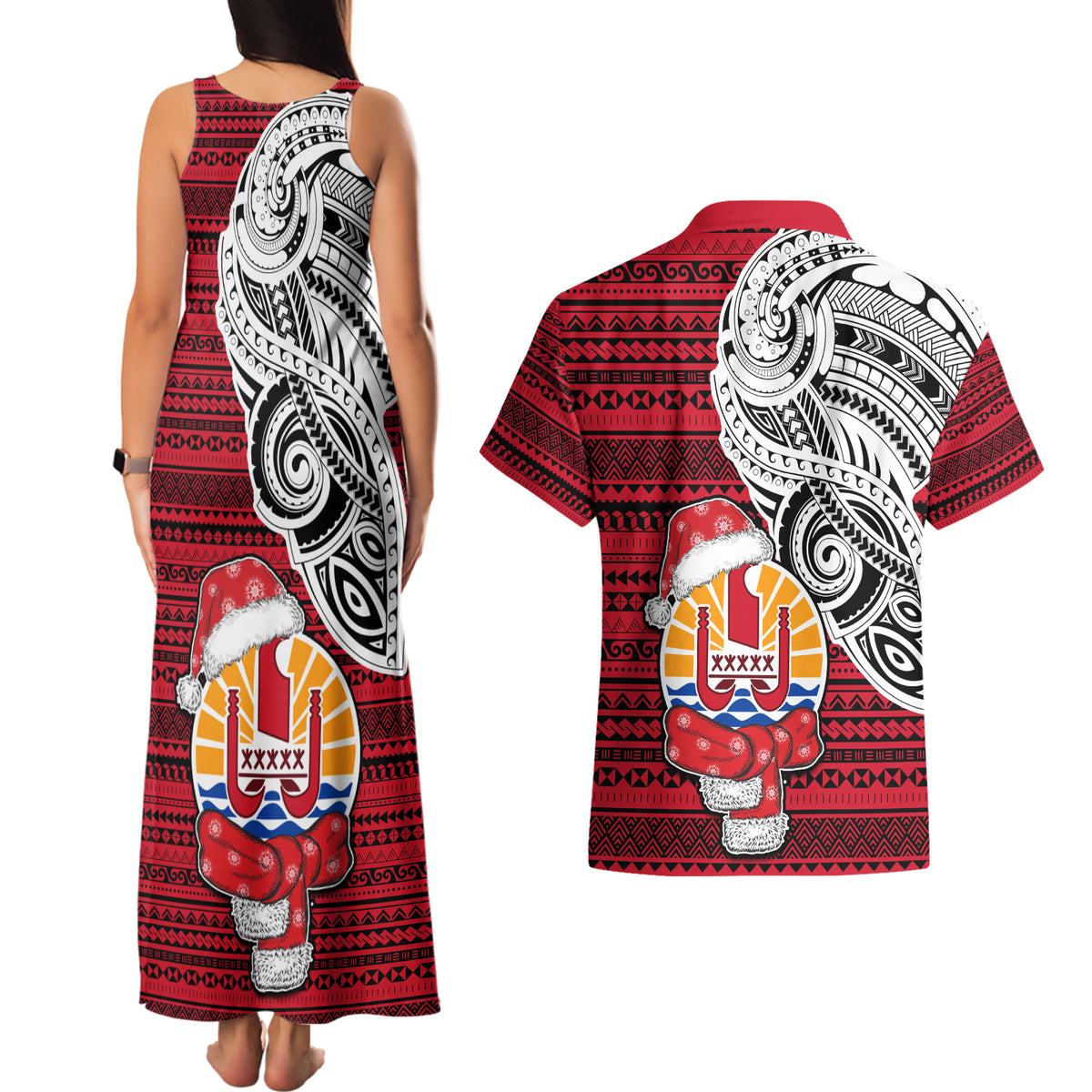 French Polynesia Christmas Couples Matching Tank Maxi Dress and Hawaiian Shirt Santa Hold Seal with Polynesian Tribal Tattoo LT03 - Polynesian Pride