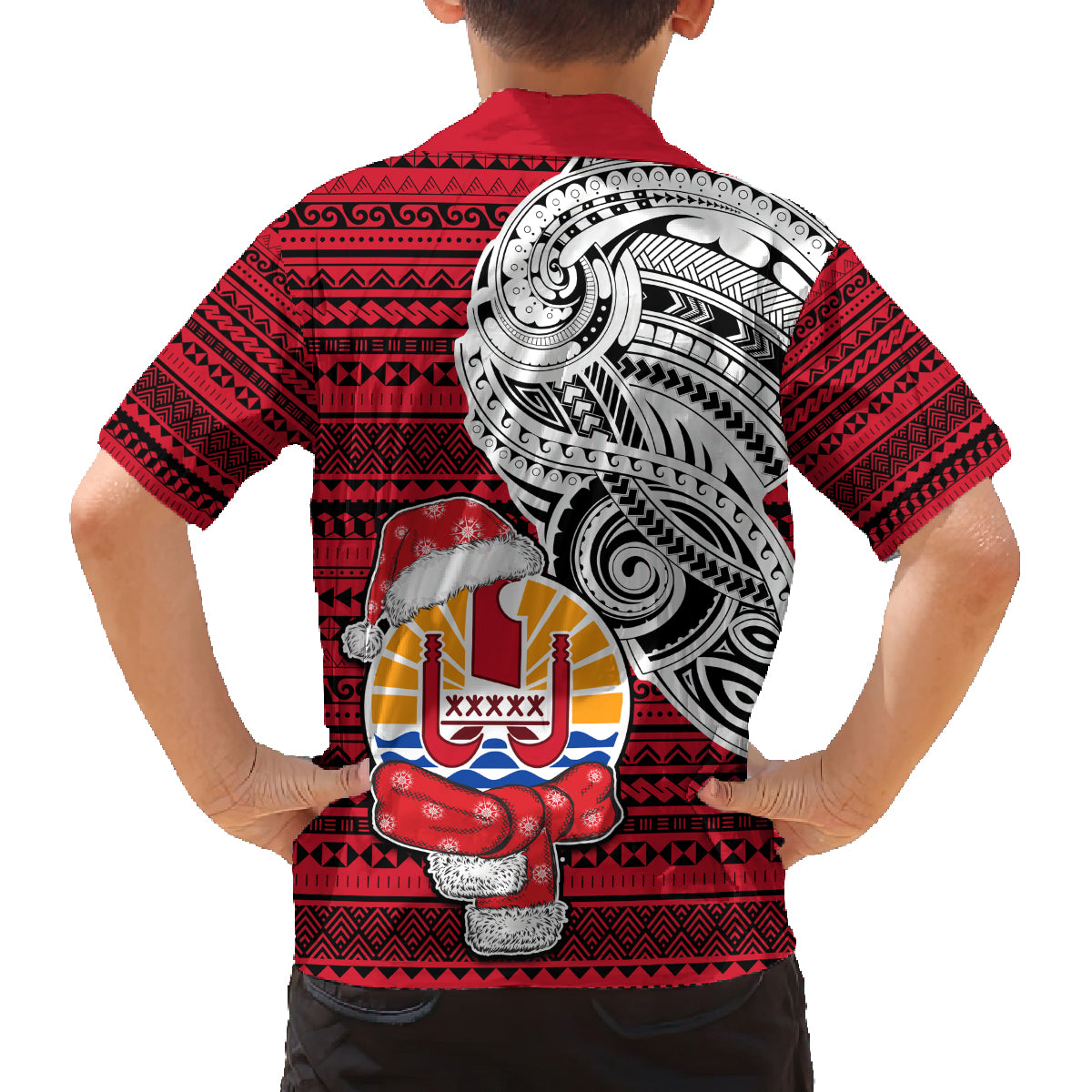 French Polynesia Christmas Family Matching Off Shoulder Maxi Dress and Hawaiian Shirt Santa Hold Seal with Polynesian Tribal Tattoo LT03 - Polynesian Pride