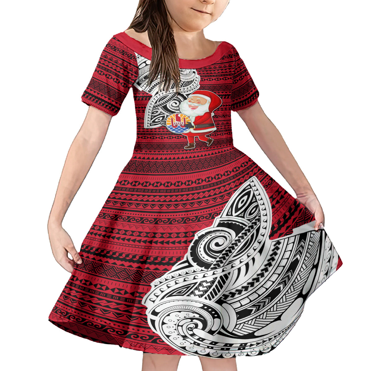 French Polynesia Christmas Family Matching Off Shoulder Short Dress and Hawaiian Shirt Santa Hold Seal with Polynesian Tribal Tattoo LT03 Daughter's Dress Red - Polynesian Pride