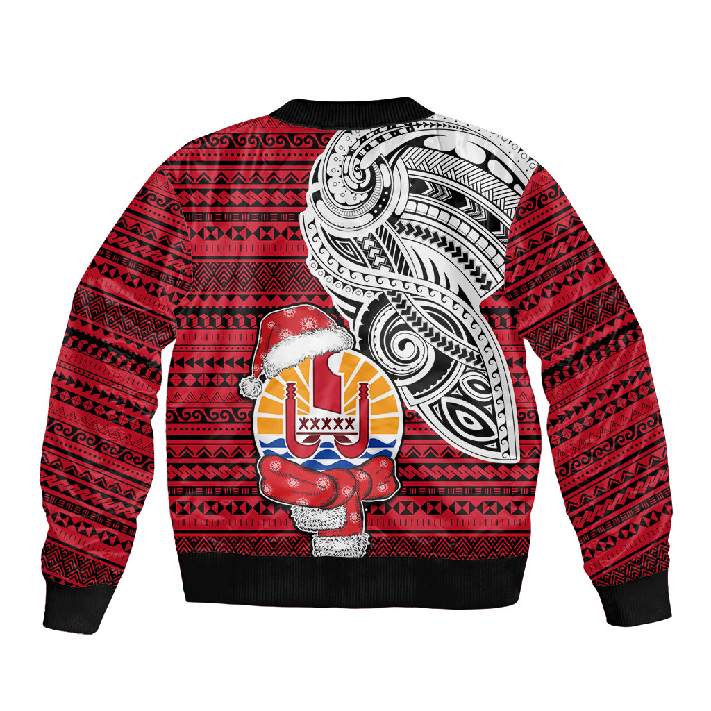 French Polynesia Christmas Sleeve Zip Bomber Jacket Santa Hold Seal with Polynesian Tribal Tattoo LT03 - Polynesian Pride