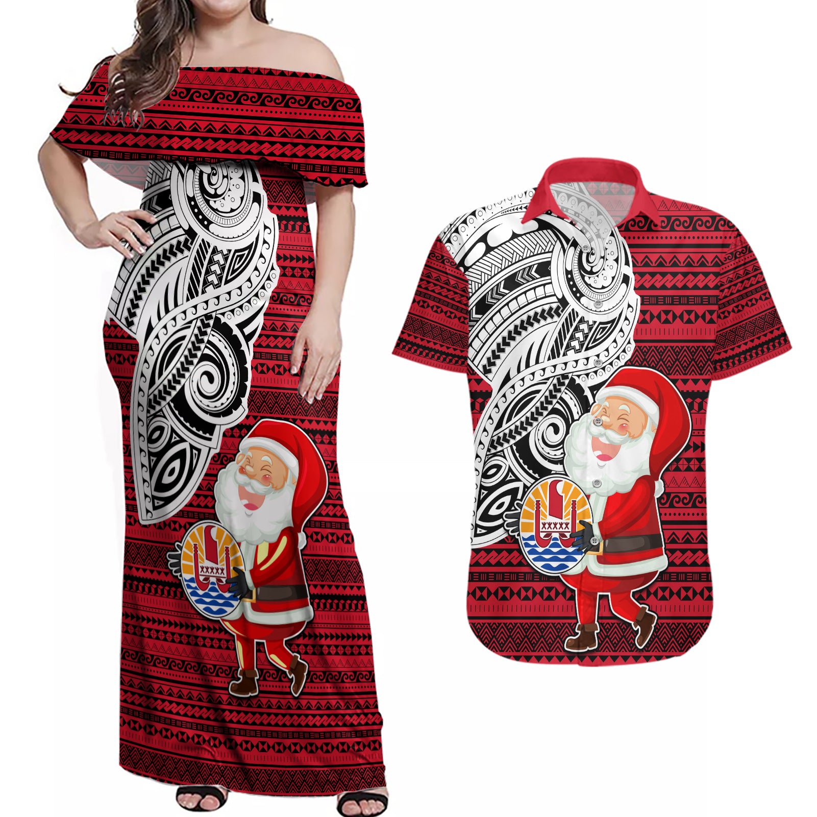 Custom French Polynesia Christmas Couples Matching Off Shoulder Maxi Dress and Hawaiian Shirt Santa Hold Seal with Polynesian Tribal Tattoo LT03 Red - Polynesian Pride