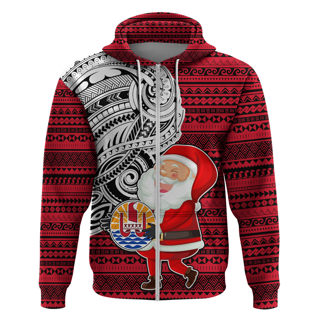 Custom French Polynesia Christmas Hoodie Santa Hold Seal with Polynesian Tribal Tattoo LT03 Zip Hoodie Red - Polynesian Pride