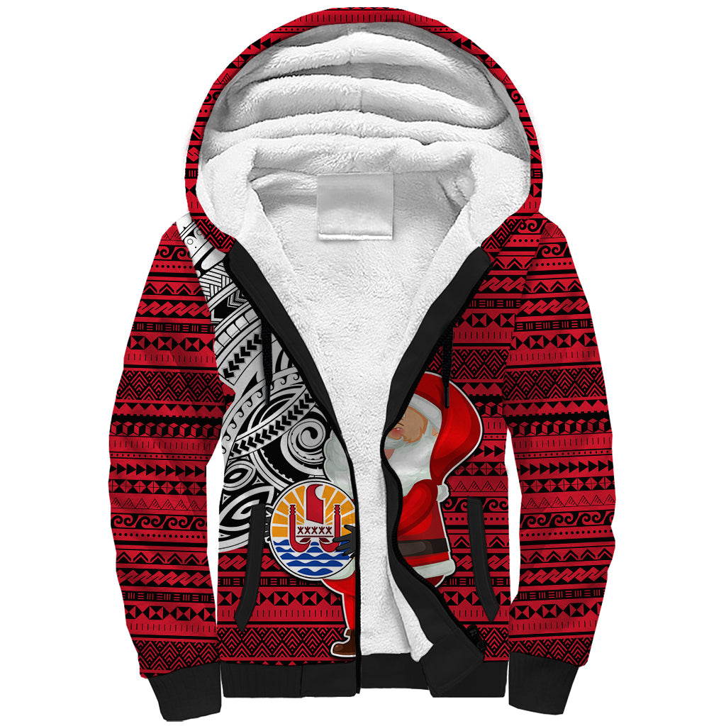 Custom French Polynesia Christmas Sherpa Hoodie Santa Hold Seal with Polynesian Tribal Tattoo LT03 Unisex Red - Polynesian Pride