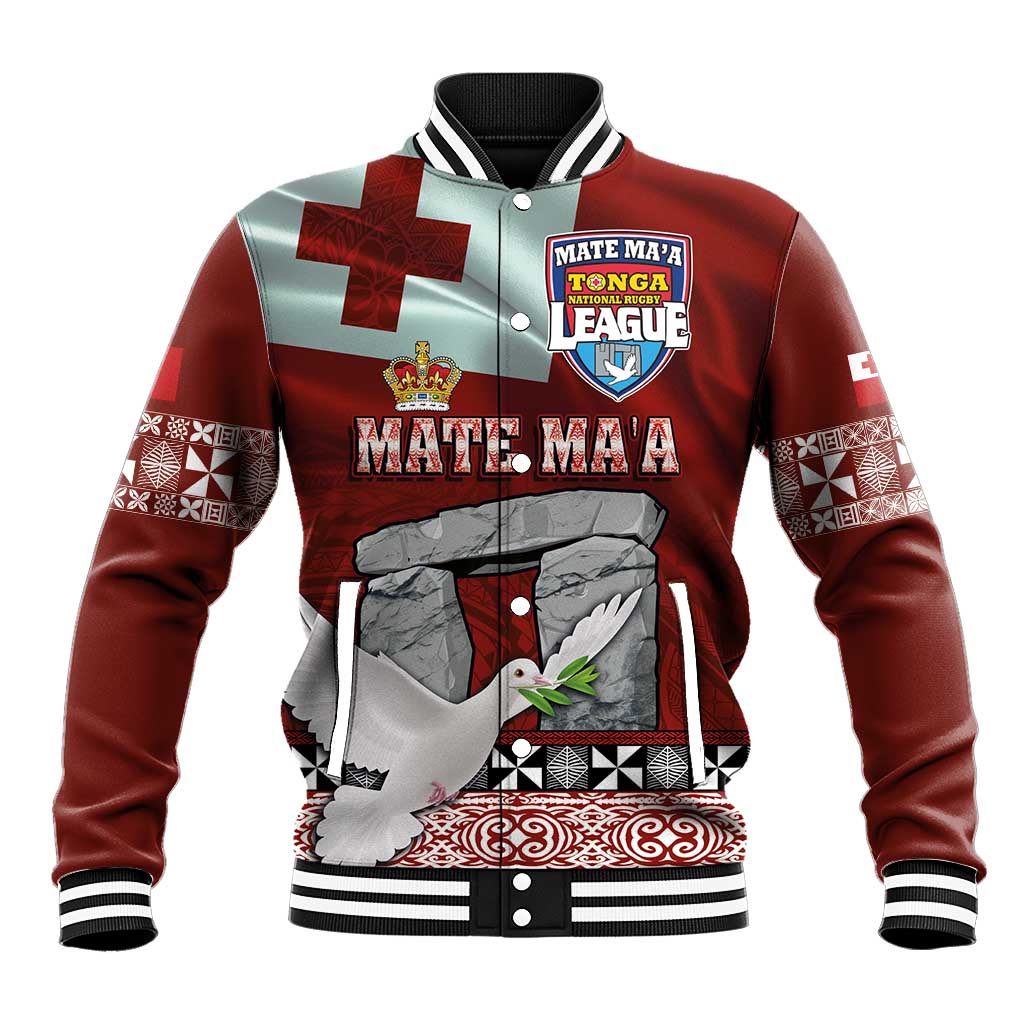 Mate Ma'a Tonga Baseball Jacket Haʻamonga ʻa Maui and White Dove - Tongan Kupesi Ngatu