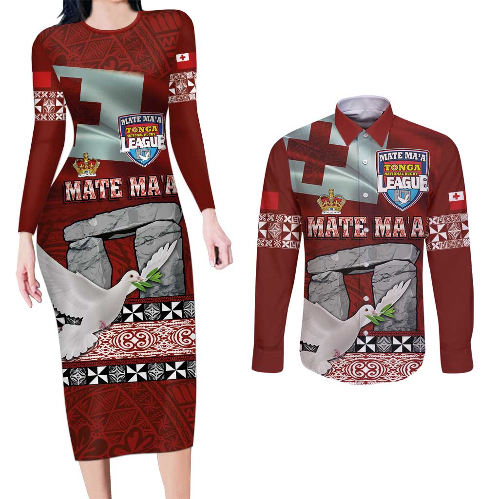 Mate Ma'a Tonga Couples Matching Long Sleeve Bodycon Dress and Long Sleeve Button Shirt Haʻamonga ʻa Maui and White Dove - Tongan Kupesi Ngatu