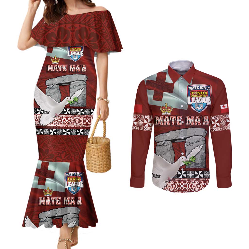 Mate Ma'a Tonga Couples Matching Mermaid Dress and Long Sleeve Button Shirt Haʻamonga ʻa Maui and White Dove - Tongan Kupesi Ngatu