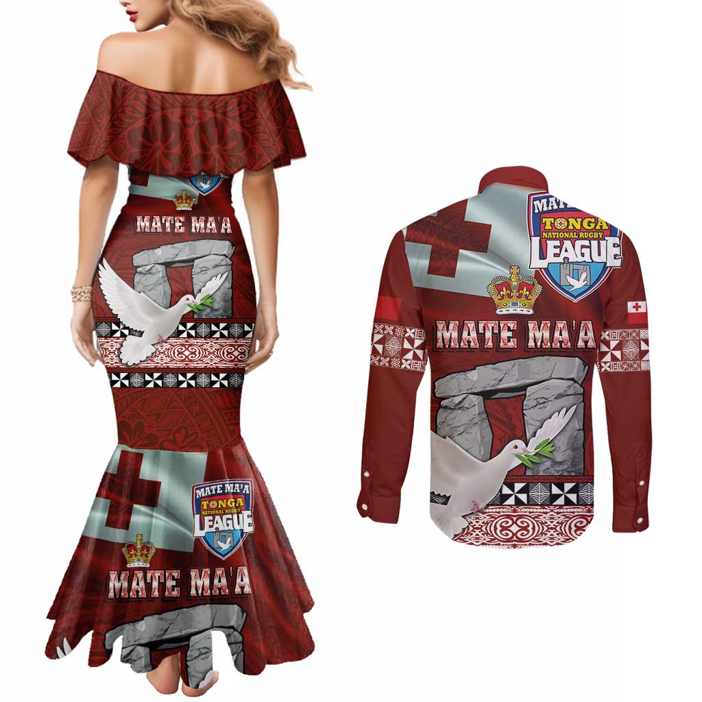 Mate Ma'a Tonga Couples Matching Mermaid Dress and Long Sleeve Button Shirt Haʻamonga ʻa Maui and White Dove - Tongan Kupesi Ngatu