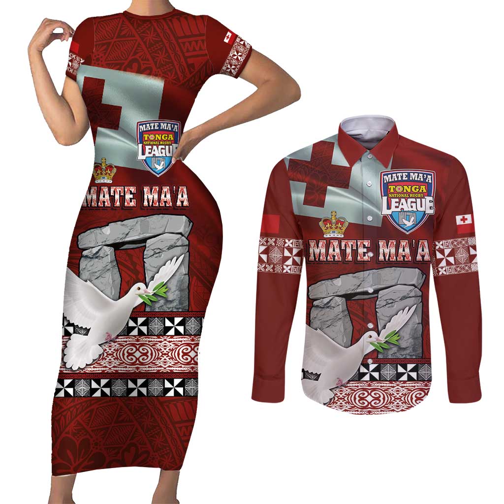 Mate Ma'a Tonga Couples Matching Short Sleeve Bodycon Dress and Long Sleeve Button Shirt Haʻamonga ʻa Maui and White Dove - Tongan Kupesi Ngatu
