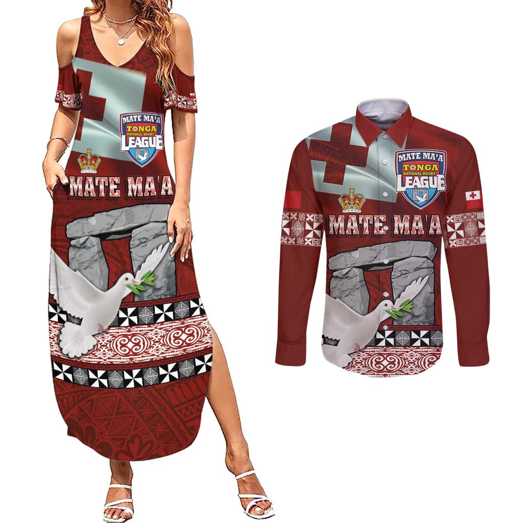 Mate Ma'a Tonga Couples Matching Summer Maxi Dress and Long Sleeve Button Shirt Haʻamonga ʻa Maui and White Dove - Tongan Kupesi Ngatu