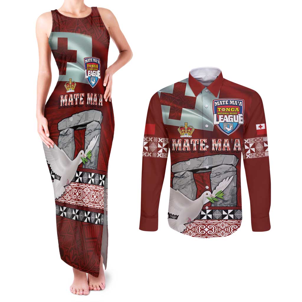 Mate Ma'a Tonga Couples Matching Tank Maxi Dress and Long Sleeve Button Shirt Haʻamonga ʻa Maui and White Dove - Tongan Kupesi Ngatu