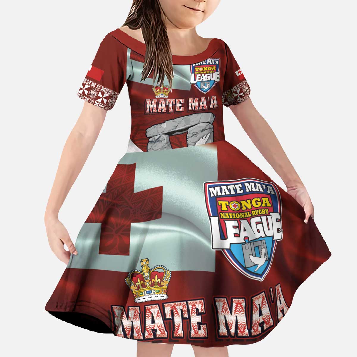 Mate Ma'a Tonga Family Matching Off The Shoulder Long Sleeve Dress and Hawaiian Shirt Haamonga a Maui and White Dove - Tongan Kupesi Ngatu LT03 Daughter's Dress Red - Polynesian Pride