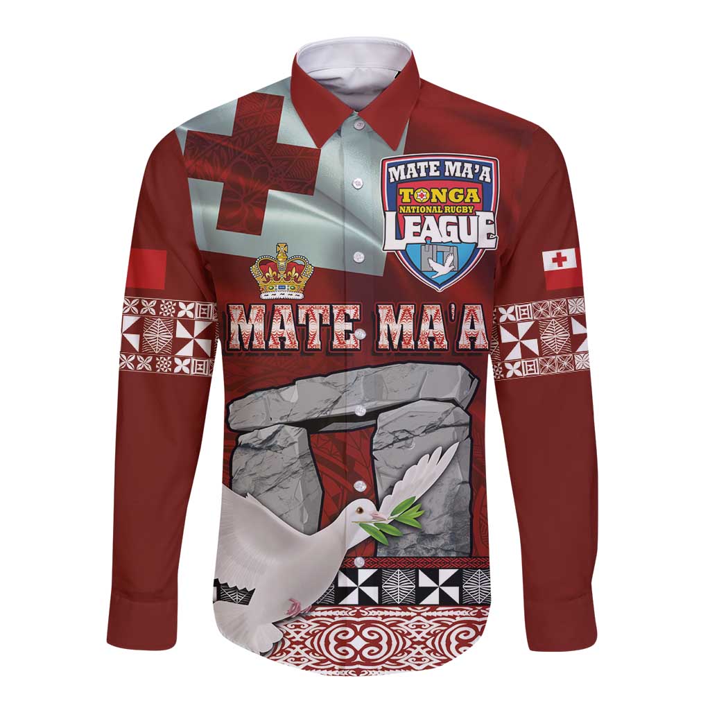 Mate Ma'a Tonga Long Sleeve Button Shirt Haamonga a Maui and White Dove - Tongan Kupesi Ngatu LT03 Unisex Red - Polynesian Pride