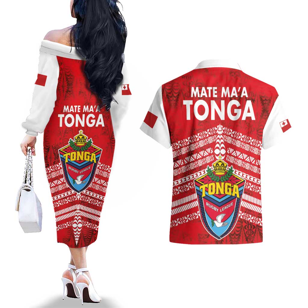 Mate Ma'a Tonga Couples Matching Off The Shoulder Long Sleeve Dress and Hawaiian Shirt Douple White Dove and Kupesi Ngatu Art Tattoo
