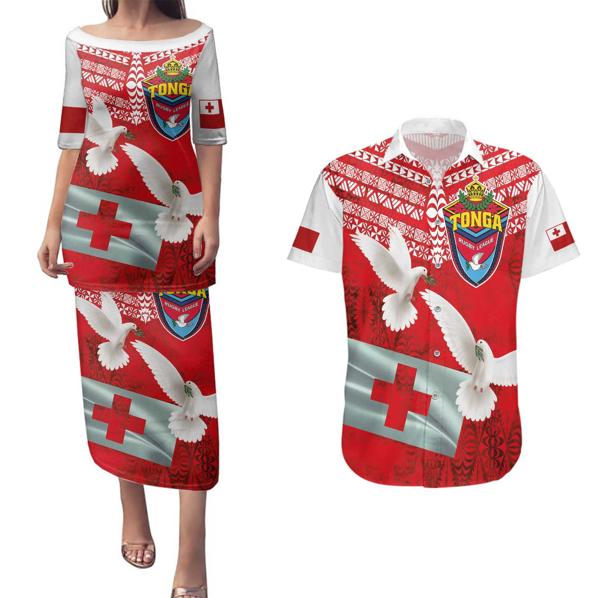 Mate Ma'a Tonga Couples Matching Puletasi and Hawaiian Shirt Douple White Dove and Kupesi Ngatu Art Tattoo