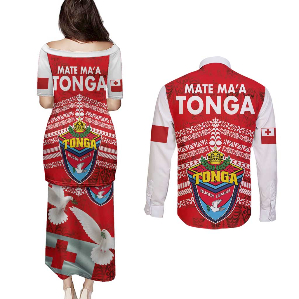 Mate Ma'a Tonga Couples Matching Puletasi and Long Sleeve Button Shirt Douple White Dove and Kupesi Ngatu Art Tattoo