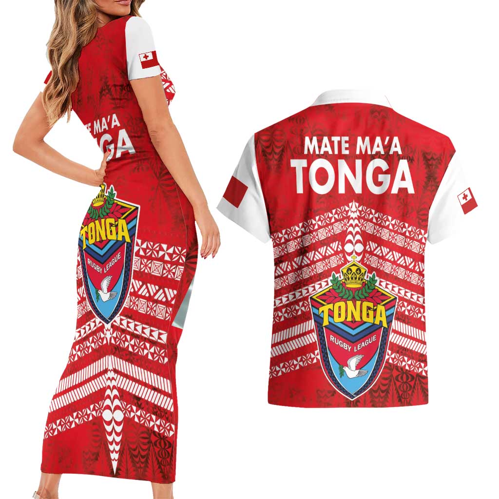 Mate Ma'a Tonga Couples Matching Short Sleeve Bodycon Dress and Hawaiian Shirt Douple White Dove and Kupesi Ngatu Art Tattoo