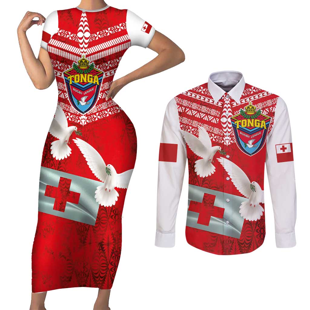 Mate Ma'a Tonga Couples Matching Short Sleeve Bodycon Dress and Long Sleeve Button Shirt Douple White Dove and Kupesi Ngatu Art Tattoo