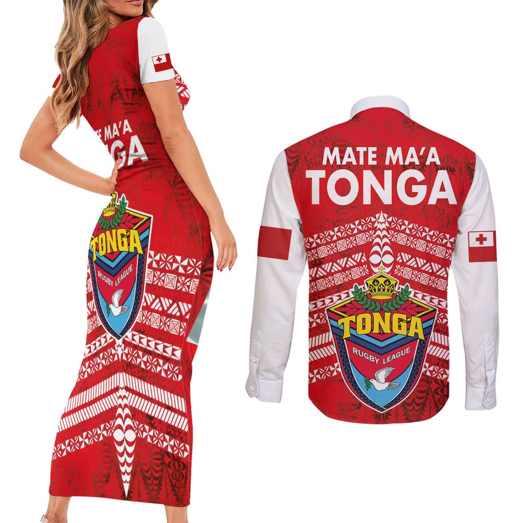 Mate Ma'a Tonga Couples Matching Short Sleeve Bodycon Dress and Long Sleeve Button Shirt Douple White Dove and Kupesi Ngatu Art Tattoo