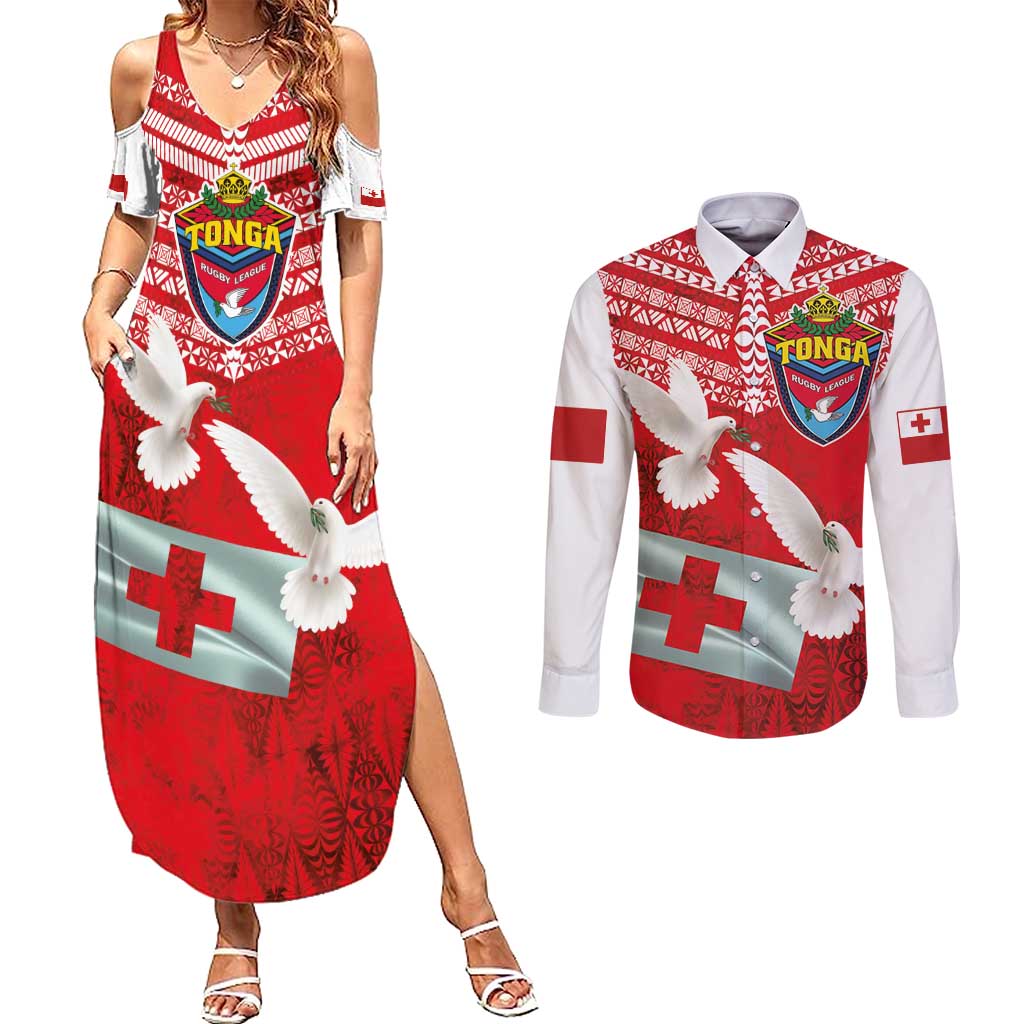 Mate Ma'a Tonga Couples Matching Summer Maxi Dress and Long Sleeve Button Shirt Douple White Dove and Kupesi Ngatu Art Tattoo