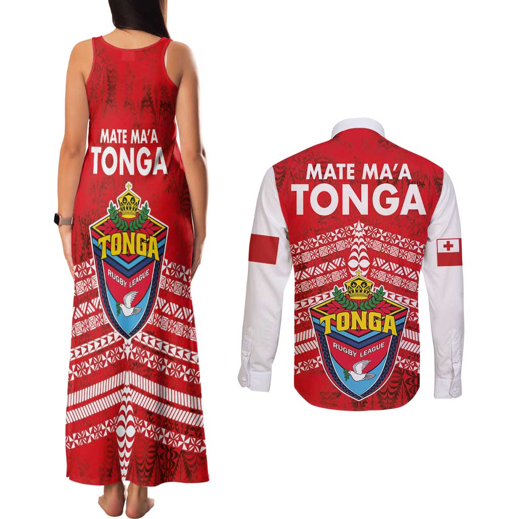 Mate Ma'a Tonga Couples Matching Tank Maxi Dress and Long Sleeve Button Shirt Douple White Dove and Kupesi Ngatu Art Tattoo