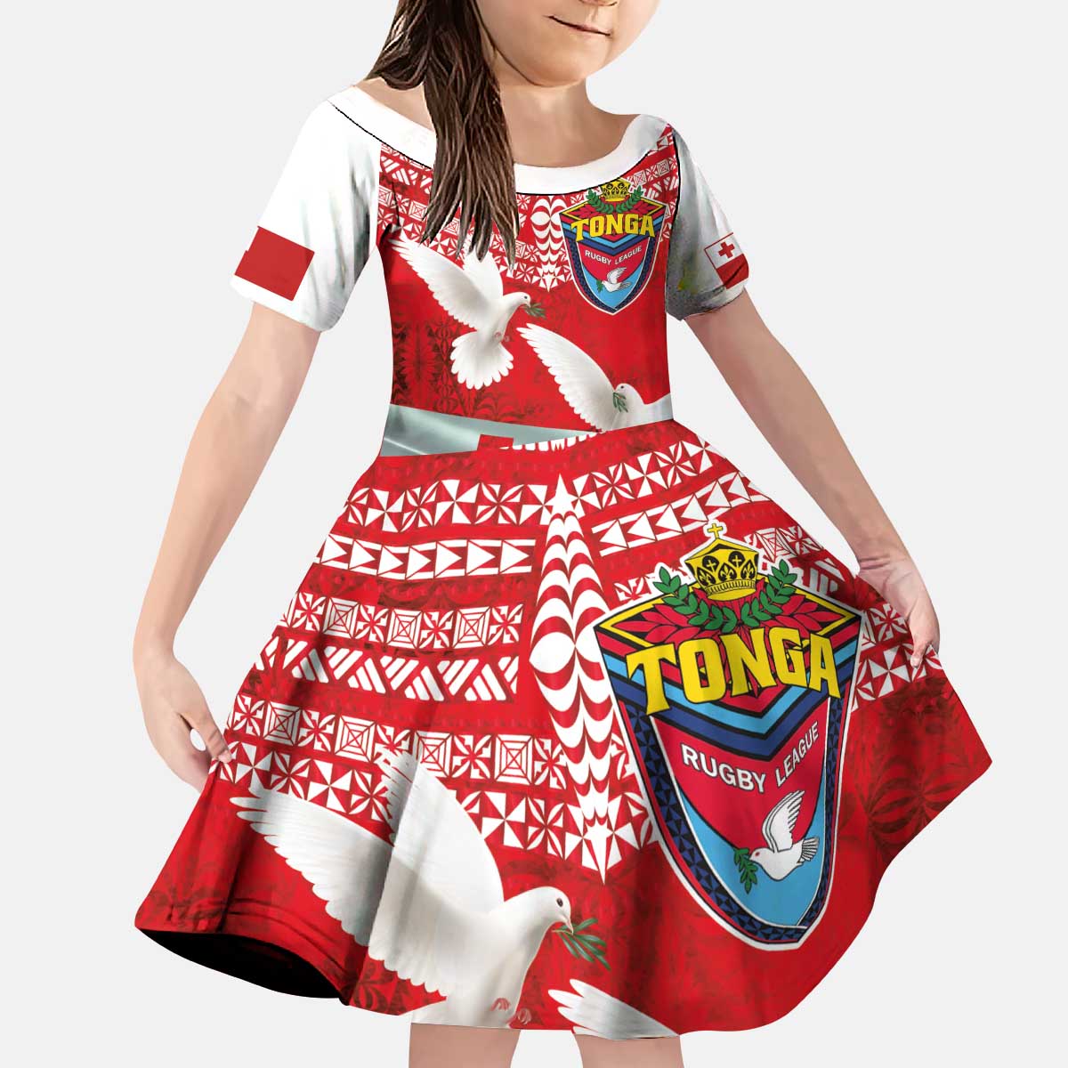 Mate Ma'a Tonga Kid Short Sleeve Dress Douple White Dove and Kupesi Ngatu Art Tattoo