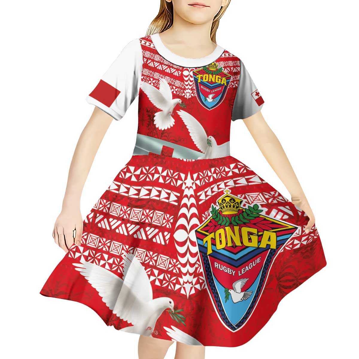 Mate Ma'a Tonga Kid Short Sleeve Dress Douple White Dove and Kupesi Ngatu Art Tattoo