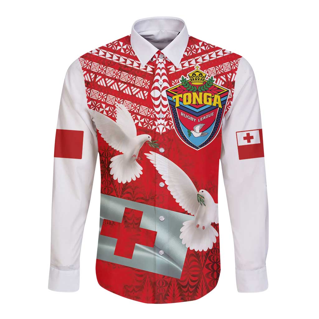 Mate Ma'a Tonga Long Sleeve Button Shirt Double White Dove and Kupesi Ngatu Art Tattoo LT03 Unisex Red - Polynesian Pride