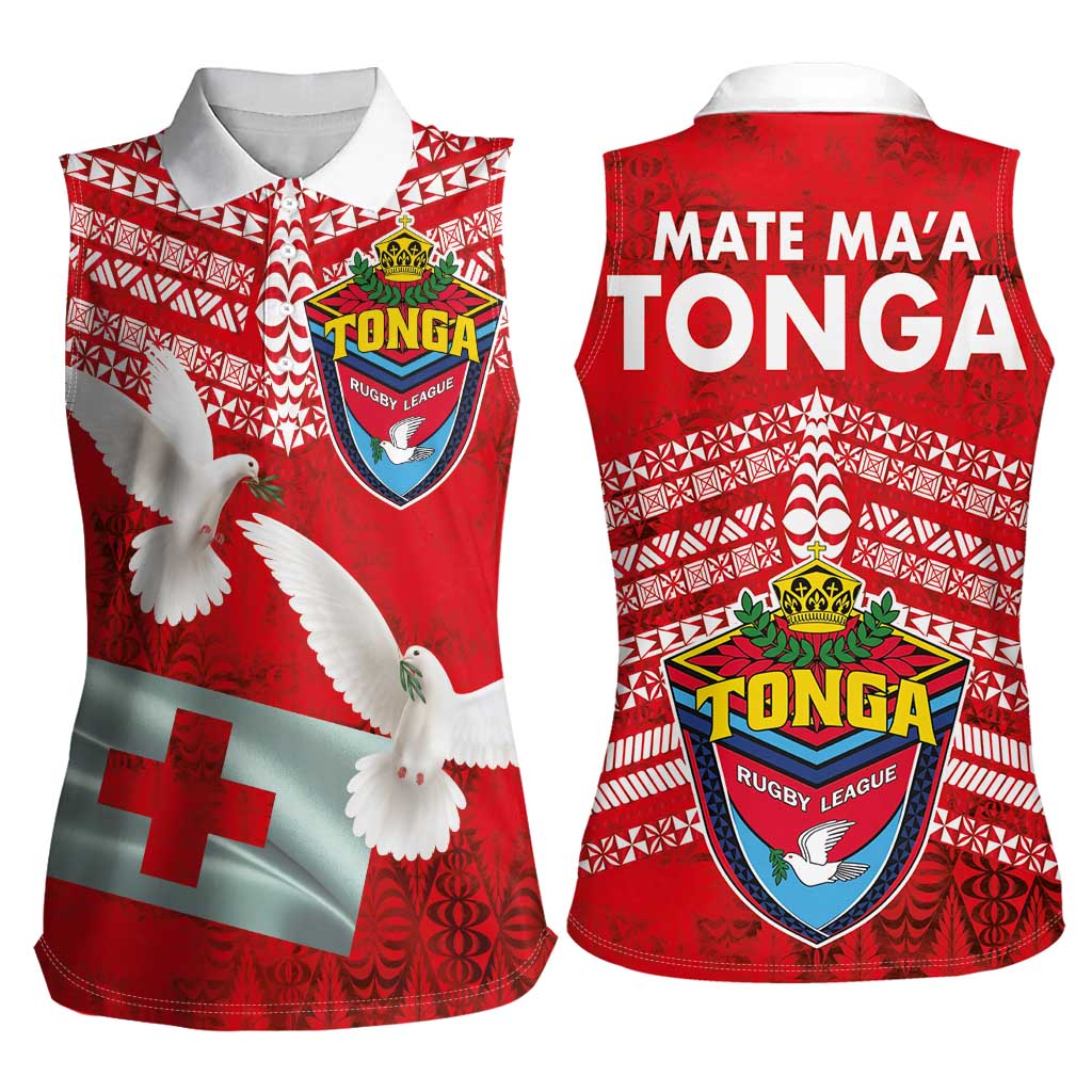Mate Ma'a Tonga Women Sleeveless Polo Shirt Douple White Dove and Kupesi Ngatu Art Tattoo