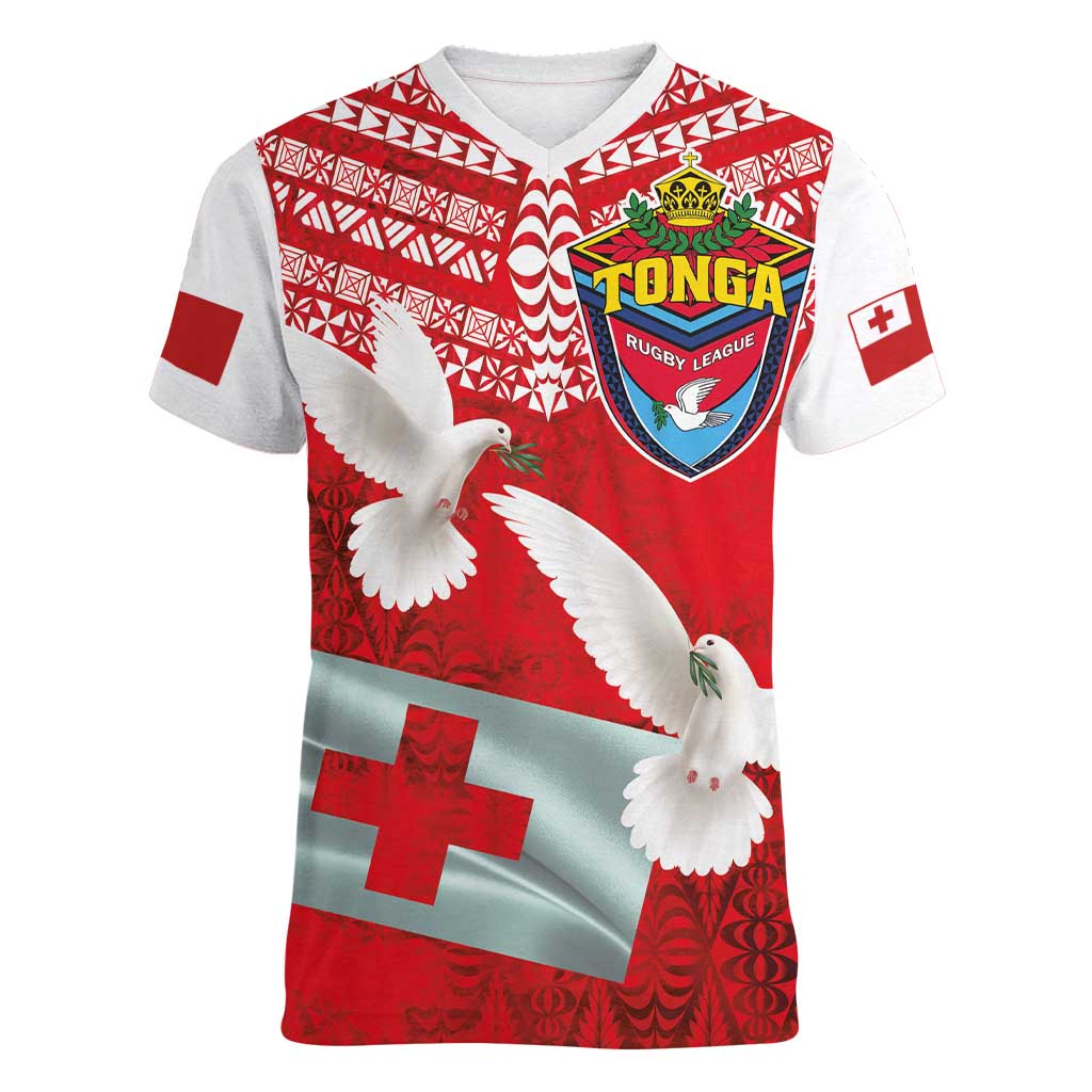 Mate Ma'a Tonga Women V-Neck T-Shirt Douple White Dove and Kupesi Ngatu Art Tattoo