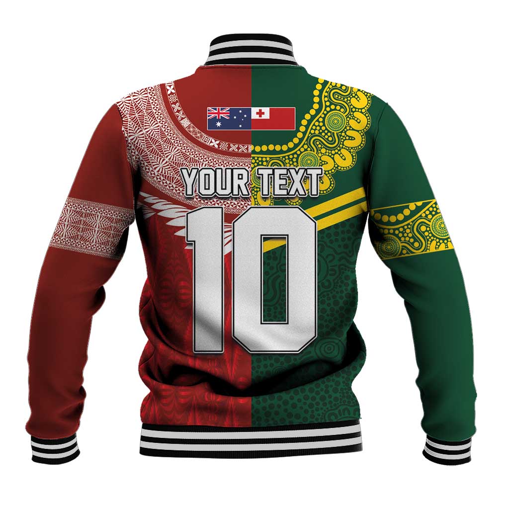 Custom Mate Ma'a Tonga and Australia Kangaroo Baseball Jacket Nation Seal with Mascot Aboriginal and Tongan Kupesi Ngatu Art