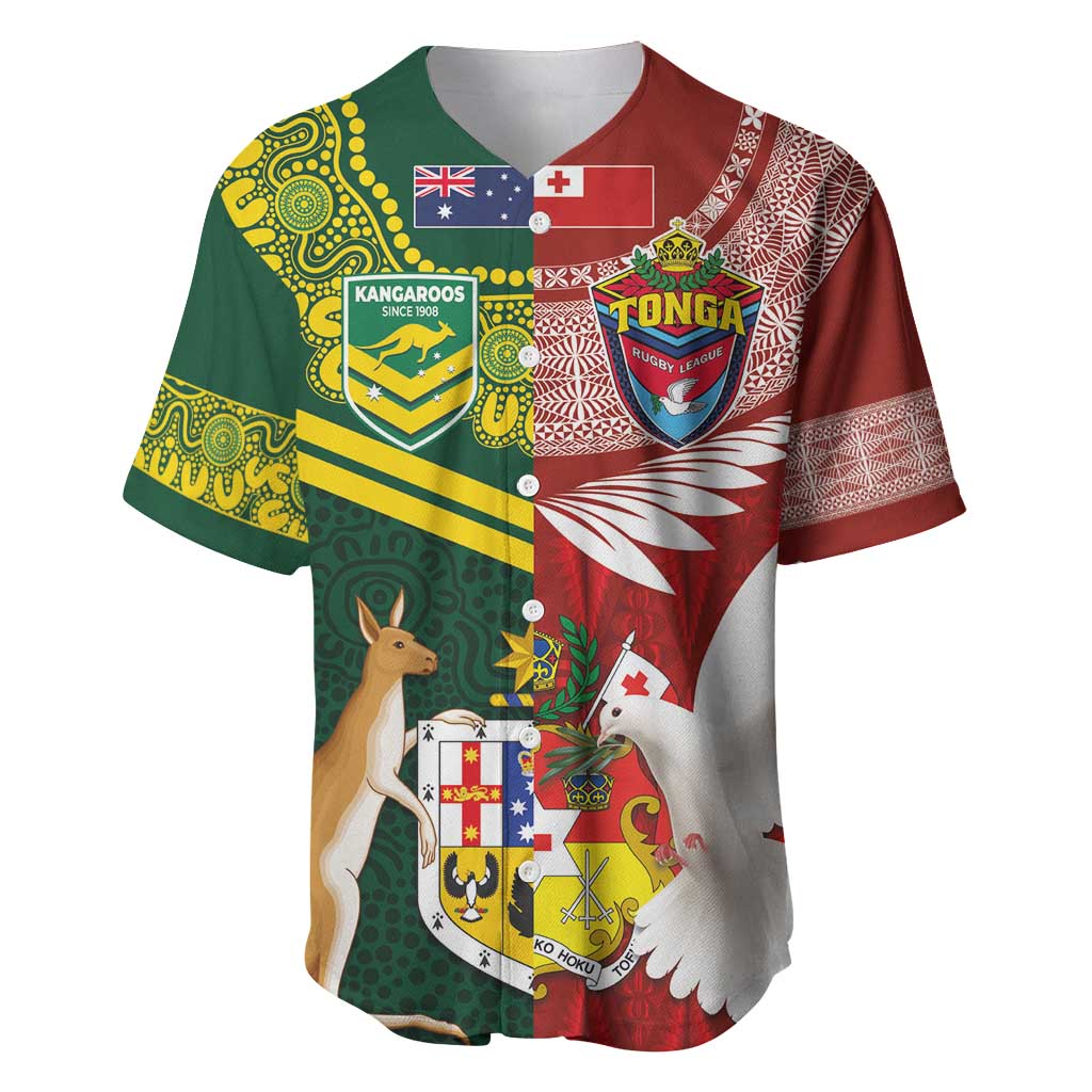 Custom Mate Ma'a Tonga and Australia Kangaroo Baseball Jersey Nation Seal with Mascot Aboriginal and Tongan Kupesi Ngatu Art