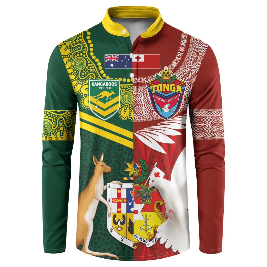 Custom Mate Ma'a Tonga and Australia Kangaroo Button Sweatshirt Nation Seal with Mascot Aboriginal and Tongan Kupesi Ngatu Art