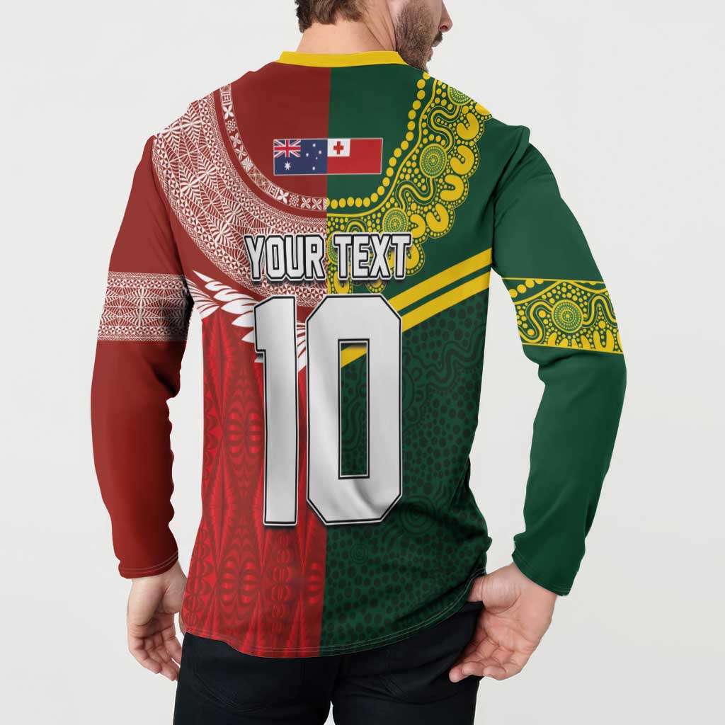 Custom Mate Ma'a Tonga and Australia Kangaroo Button Sweatshirt Nation Seal with Mascot Aboriginal and Tongan Kupesi Ngatu Art