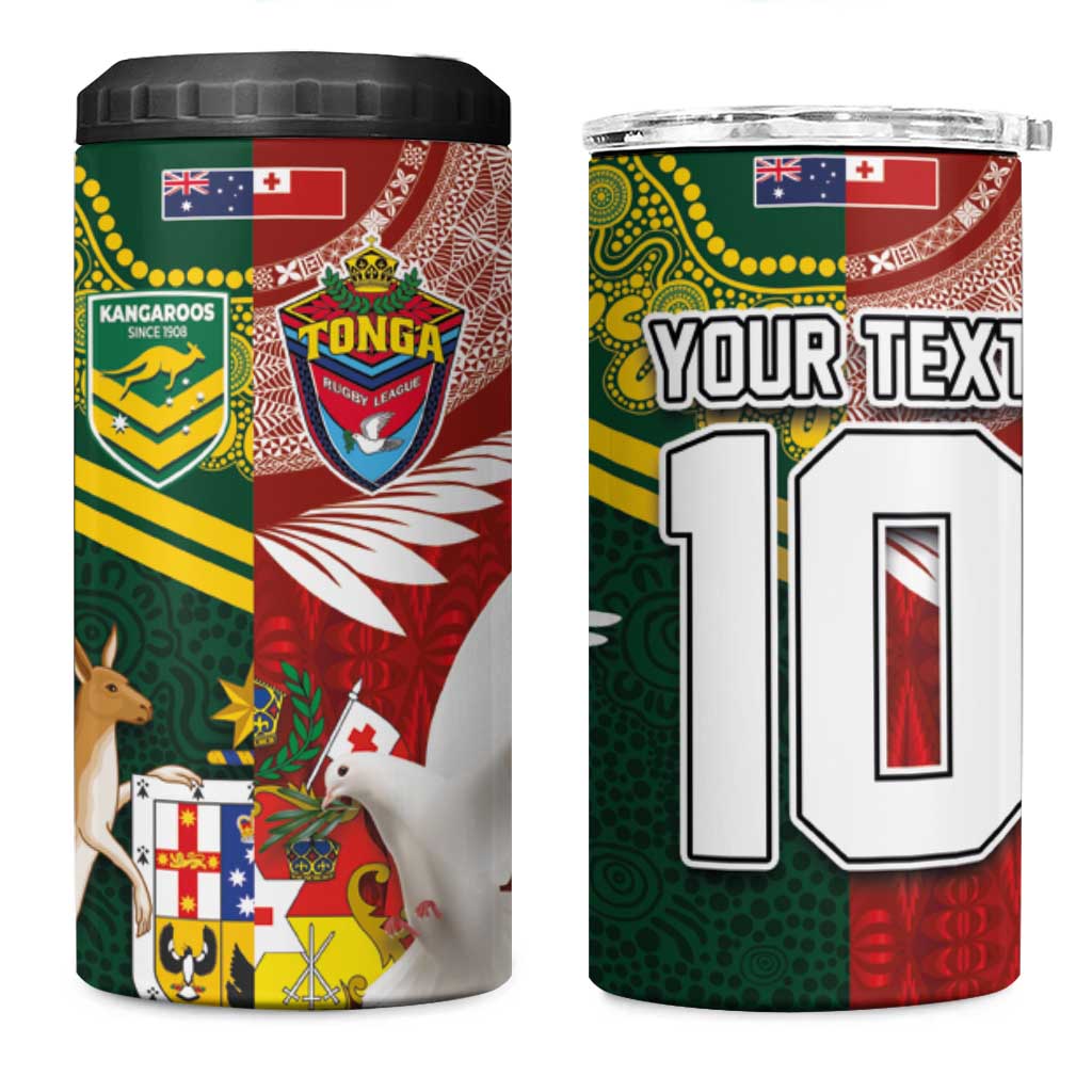 Custom Mate Ma'a Tonga and Australia Kangaroo 4 in 1 Can Cooler Tumbler Nation Seal with Mascot Aboriginal and Tongan Kupesi Ngatu Art