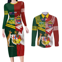 Custom Mate Ma'a Tonga and Australia Kangaroo Couples Matching Long Sleeve Bodycon Dress and Long Sleeve Button Shirt Nation Seal with Mascot Aboriginal and Tongan Kupesi Ngatu Art