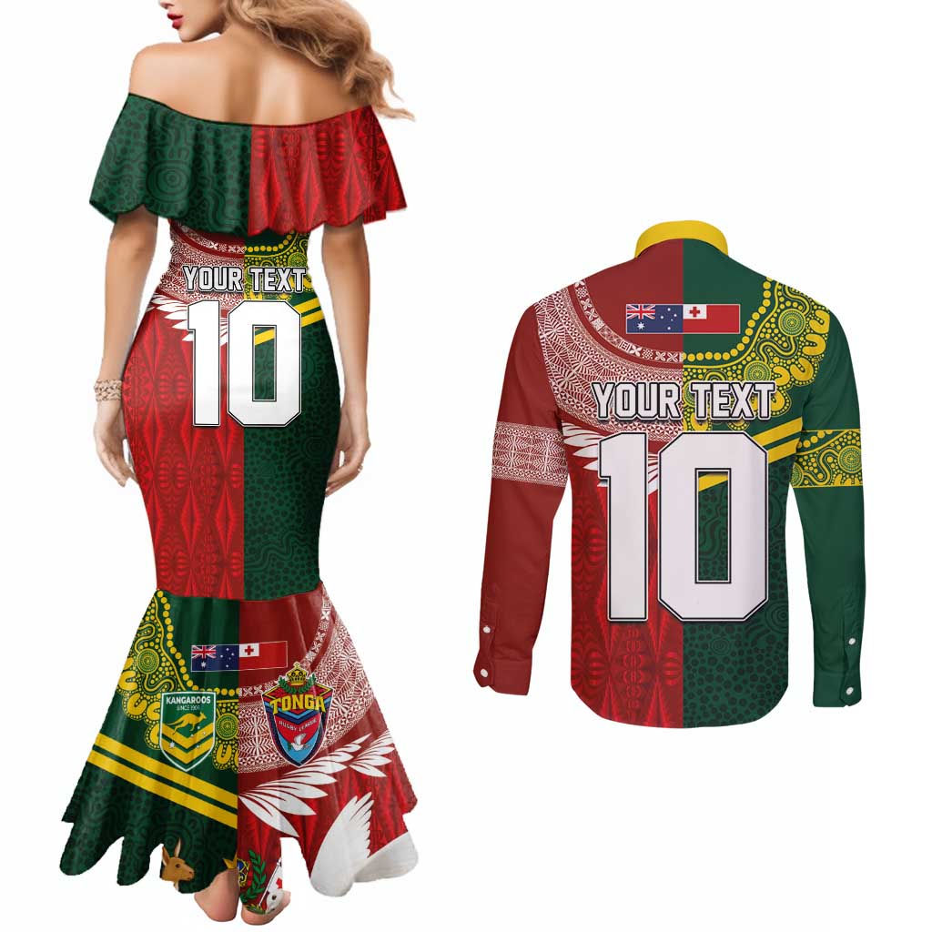 Custom Mate Ma'a Tonga and Australia Kangaroo Couples Matching Mermaid Dress and Long Sleeve Button Shirt Nation Seal with Mascot Aboriginal and Tongan Kupesi Ngatu Art