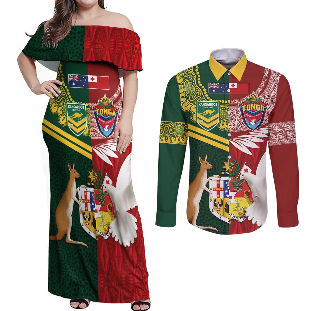 Custom Mate Ma'a Tonga and Australia Kangaroo Couples Matching Off Shoulder Maxi Dress and Long Sleeve Button Shirt Nation Seal with Mascot Aboriginal and Tongan Kupesi Ngatu Art