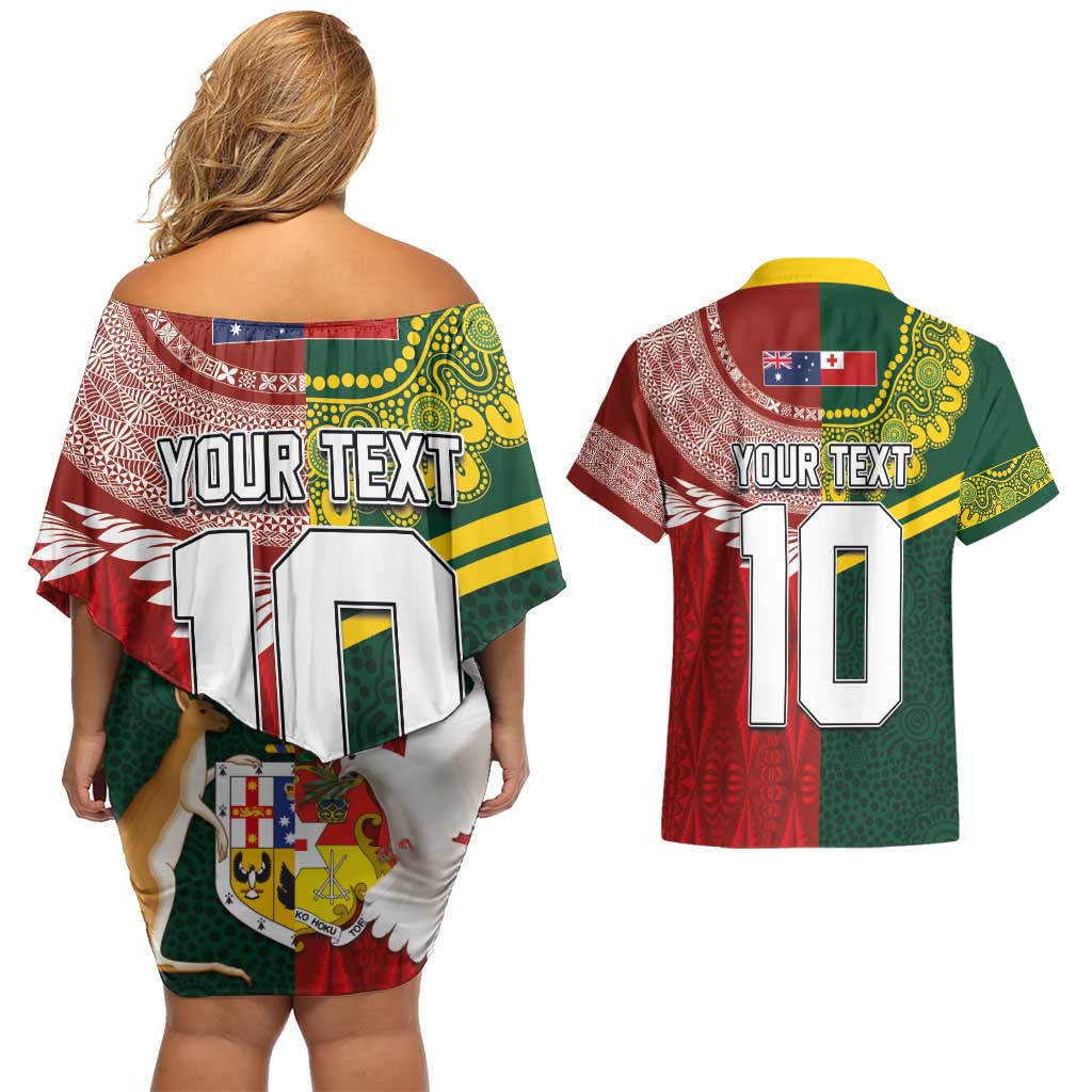Custom Mate Ma'a Tonga and Australia Kangaroo Couples Matching Off Shoulder Short Dress and Hawaiian Shirt Nation Seal with Mascot Aboriginal and Tongan Kupesi Ngatu Art