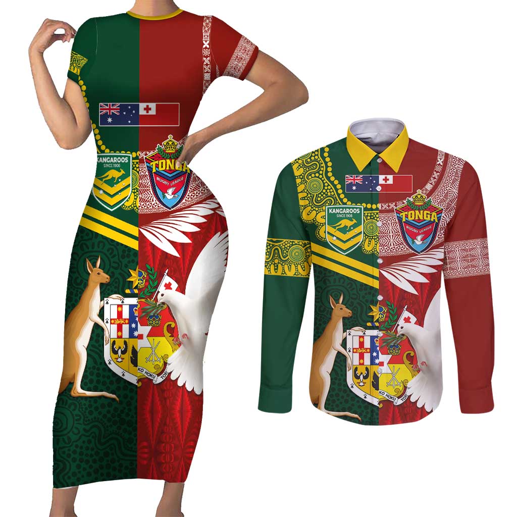 Custom Mate Ma'a Tonga and Australia Kangaroo Couples Matching Short Sleeve Bodycon Dress and Long Sleeve Button Shirt Nation Seal with Mascot Aboriginal and Tongan Kupesi Ngatu Art